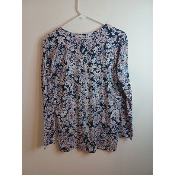 J. Jill V Neck Popover Knit Tunic Top S Navy Blue Pink Floral Longsleeve Casual - Picture 5 of 8